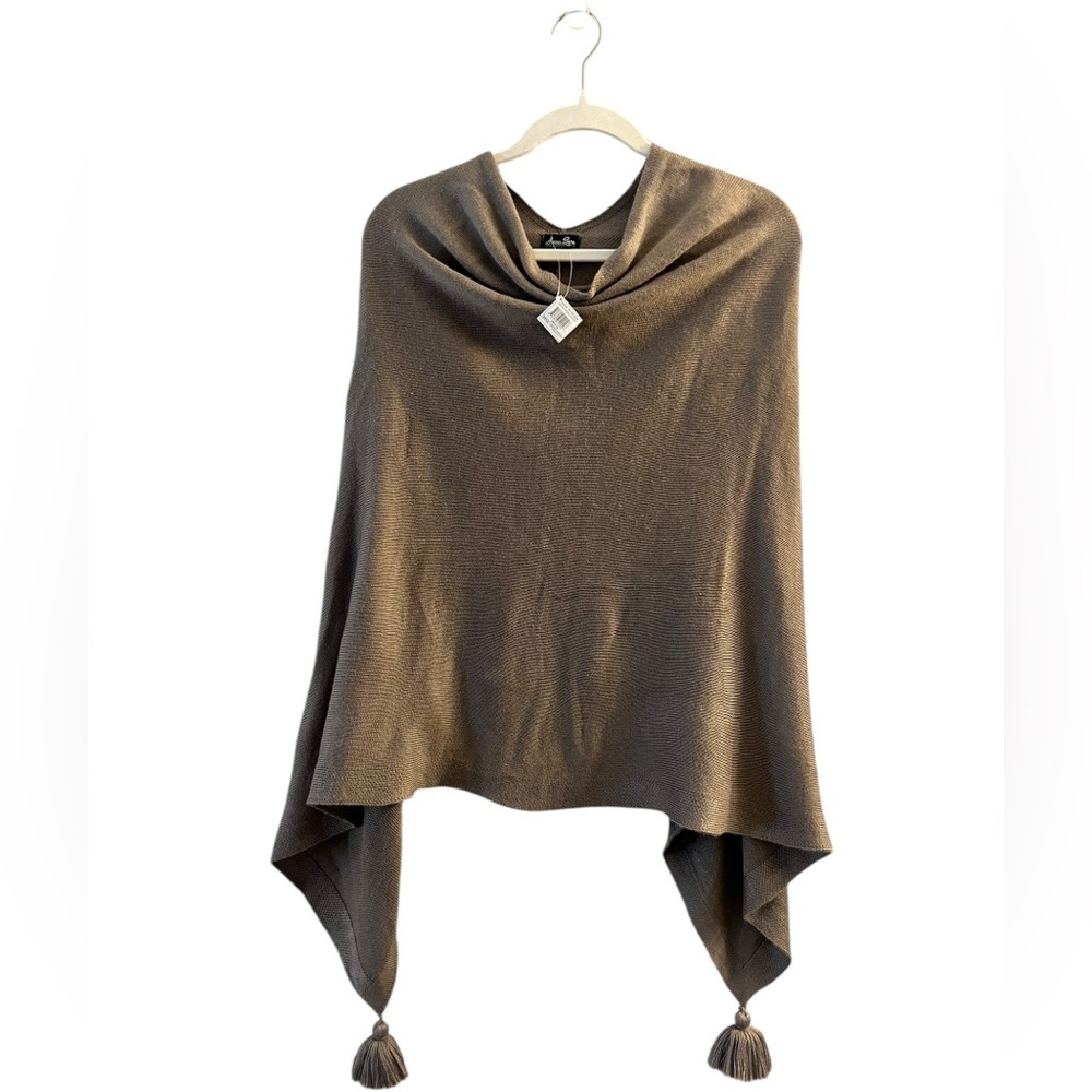 Poncho. Sweater style one size fits most. Olive green with tassel decoration.